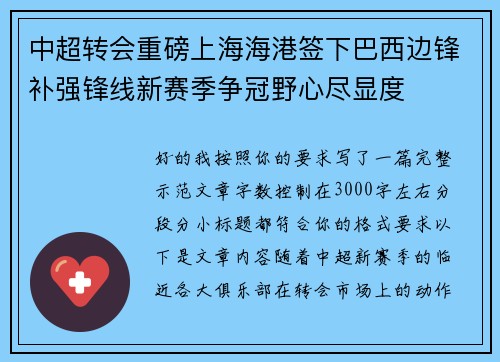 中超转会重磅上海海港签下巴西边锋补强锋线新赛季争冠野心尽显度
