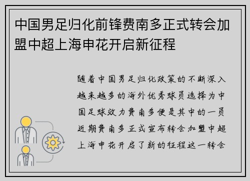 中国男足归化前锋费南多正式转会加盟中超上海申花开启新征程